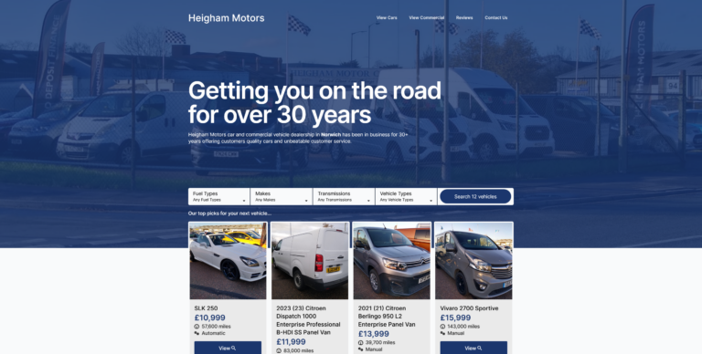 A screenshot of the homepage of the heigham motors website.