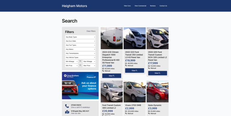 A screenshot of the heigham motors website.