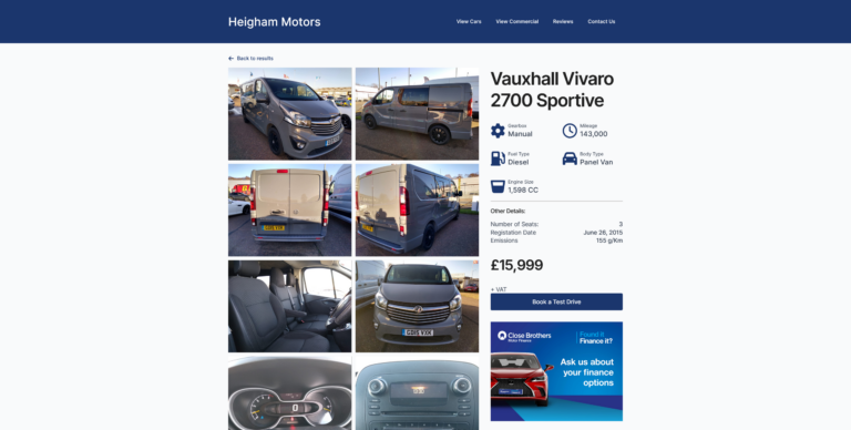 A screenshot of the heigham motors website.