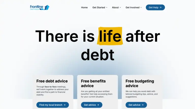 A screenshot of Frontline Debt Advice website.